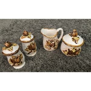Nevco Small Cream and Brown Creamer, Sugar Bowl, Salt & Pepper Vtg Shaker Set